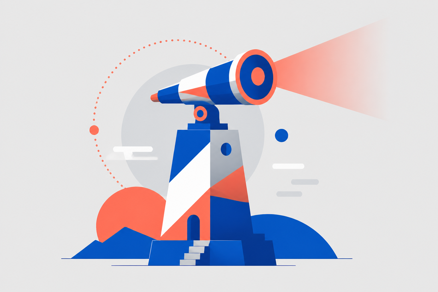 Geometric lookout beacon illustration in cobalt and coral