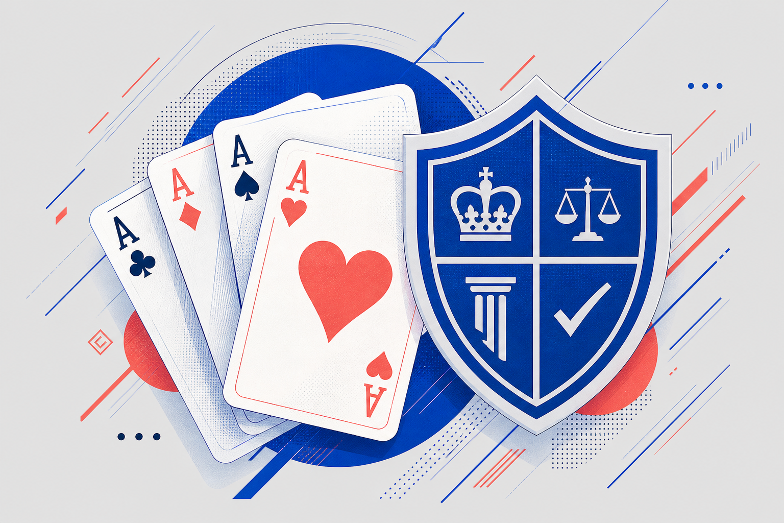 Illustration of cards beside a protective shield motif